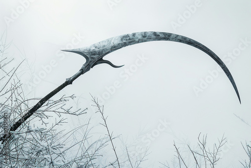The poised elegance of a battle scythe against a backdrop of white, a silent harbinger of the approaching conflict.