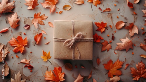 A cozy postcard displaying paper autumn leaves swirling around a rustic gift box on a pastel brown studio background