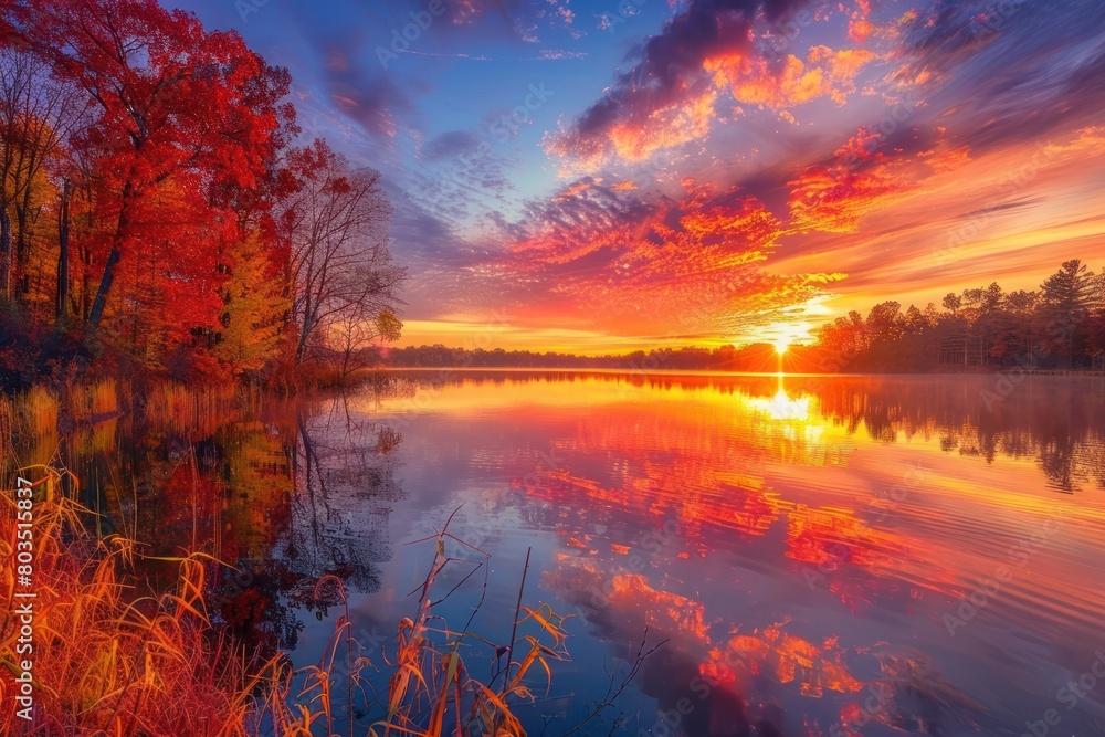 A beautiful sunset over a lake with trees in the background