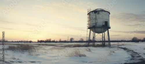 Large white water tower in snow-covered field