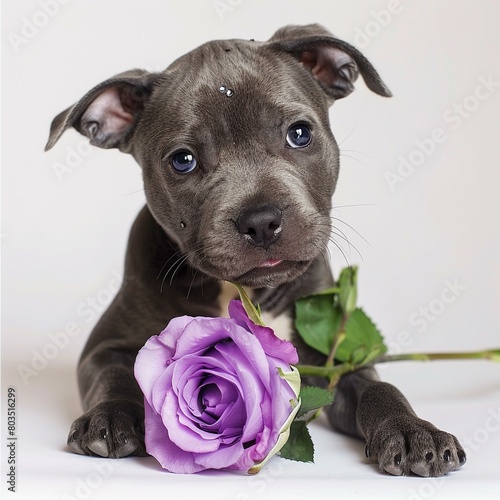 Blue nose Staffy model with a purple rose