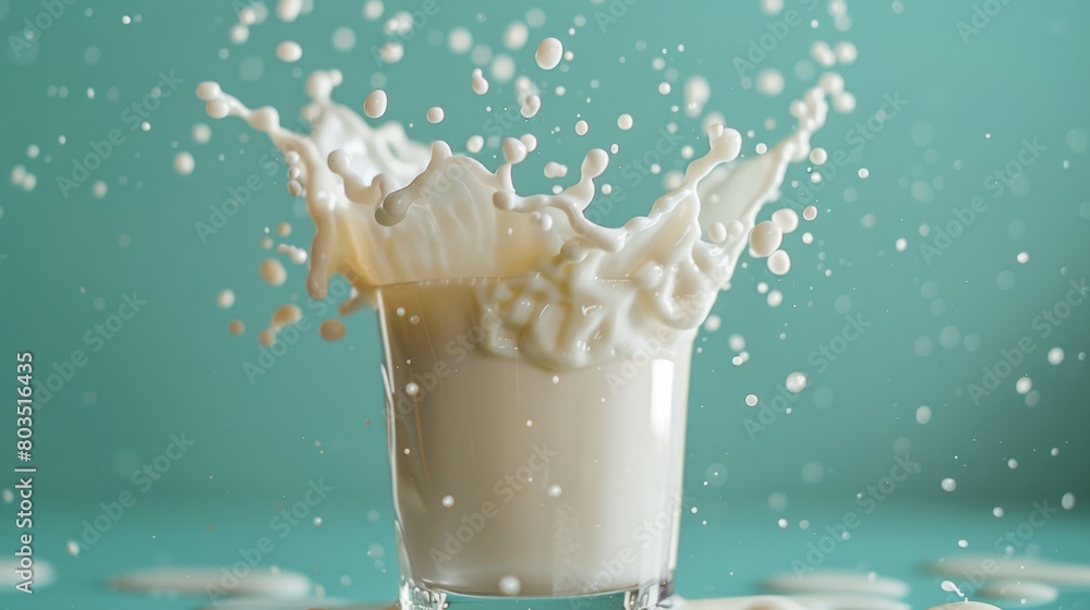 A detailed shot of a glass of milk with milk splash rising high, capturing the movement and texture against a light mint background