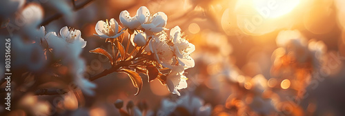 Close-up of a flowering shrub in the scrubland, with detailed textures of the petals and leaves, backlit by the setting sun photo