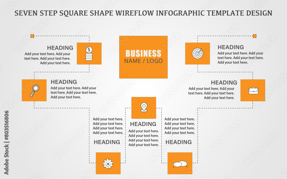 Seven step square shape process flow infographic template design, orange line flow template design	