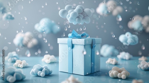 A dreamy postcard with paper clouds and raindrops floating around a sky-blue gift box in a soft gray studio