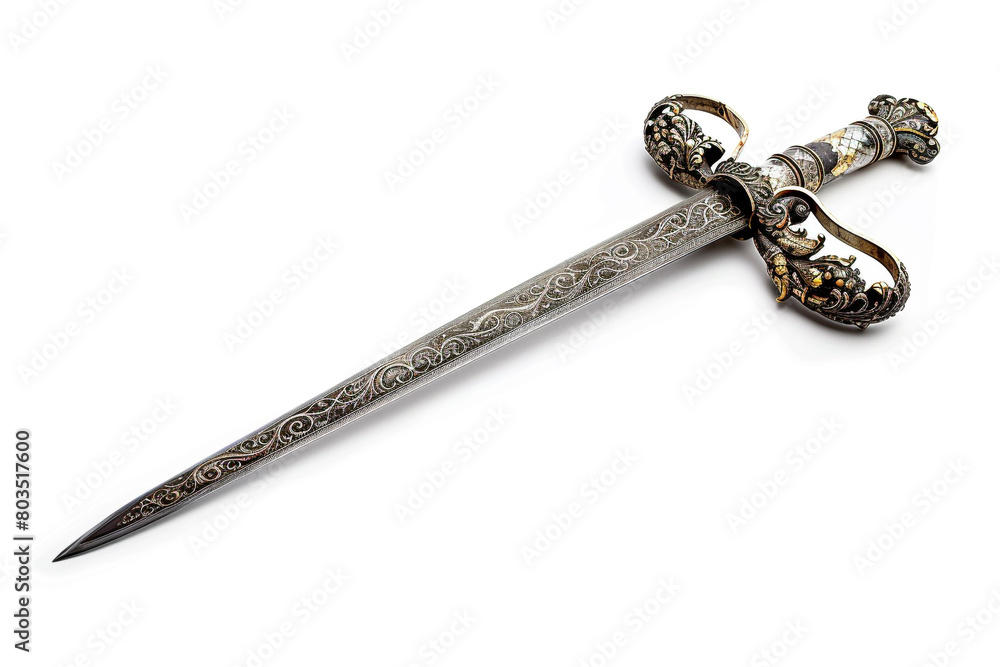 A beautifully crafted rapier with an ornate guard, isolated on solid white background. A beautifully crafted rapier with an ornate guard, isolated on solid white background.