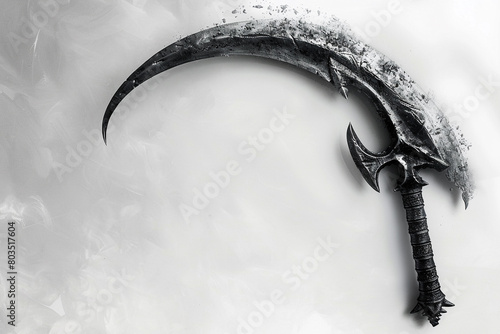 The quiet menace of a battle scythe against a blank canvas of white, a promise of the imminent battle. photo