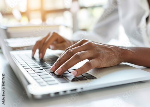 Close-up of hands typing on a laptop keyboard with natural light.