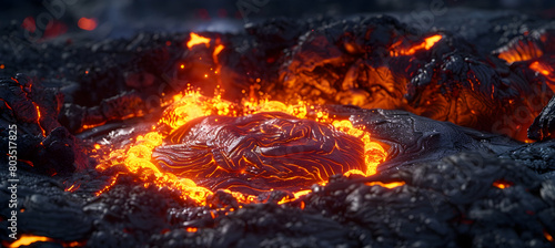 Close-up of molten lava flowing from an active volcano  showcasing the glowing red and orange textures against a dark rocky surface