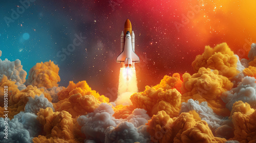 Space shuttle launch against vivid cosmic background