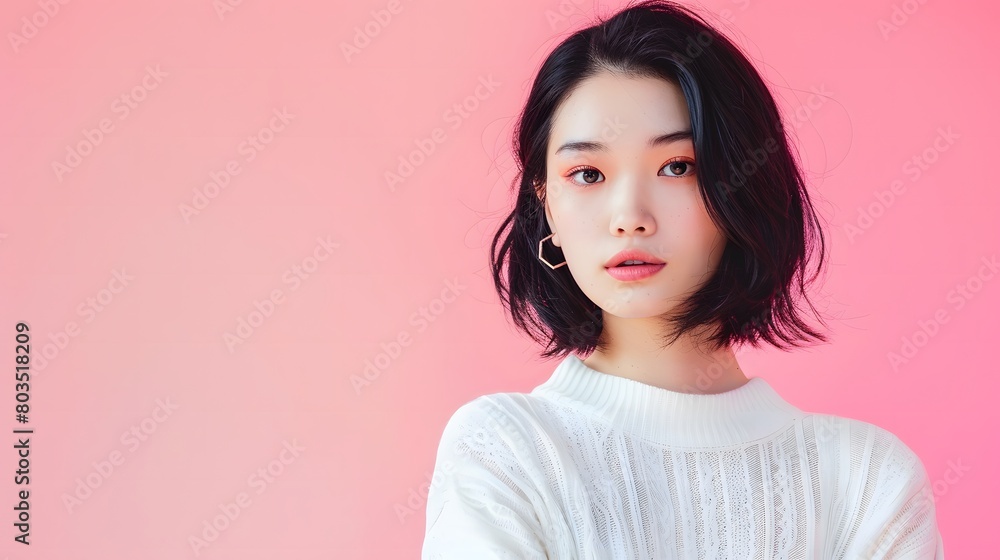 ピンクの背景に白い服を着て見つめる日本人女性 ピンクの背景に白い服を着て見つめる日本人女性