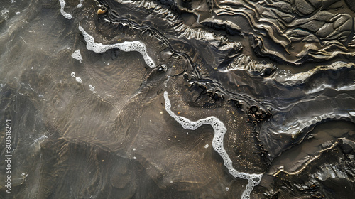 Close-up of the textured sediments and patterns in the soil at the edge of a river delta, with water gently flowing over it