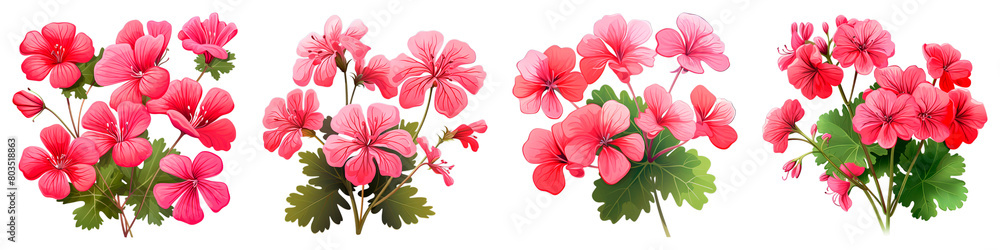 Collection of Geranium isolated on transparent png background. Generative ai Collection of Geranium isolated on transparent png background. Generative ai