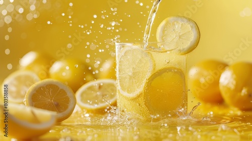 A glass of lemonade with lemon slices, lemon juice being poured, and a simple yellow juice box on a bright yellow background photo