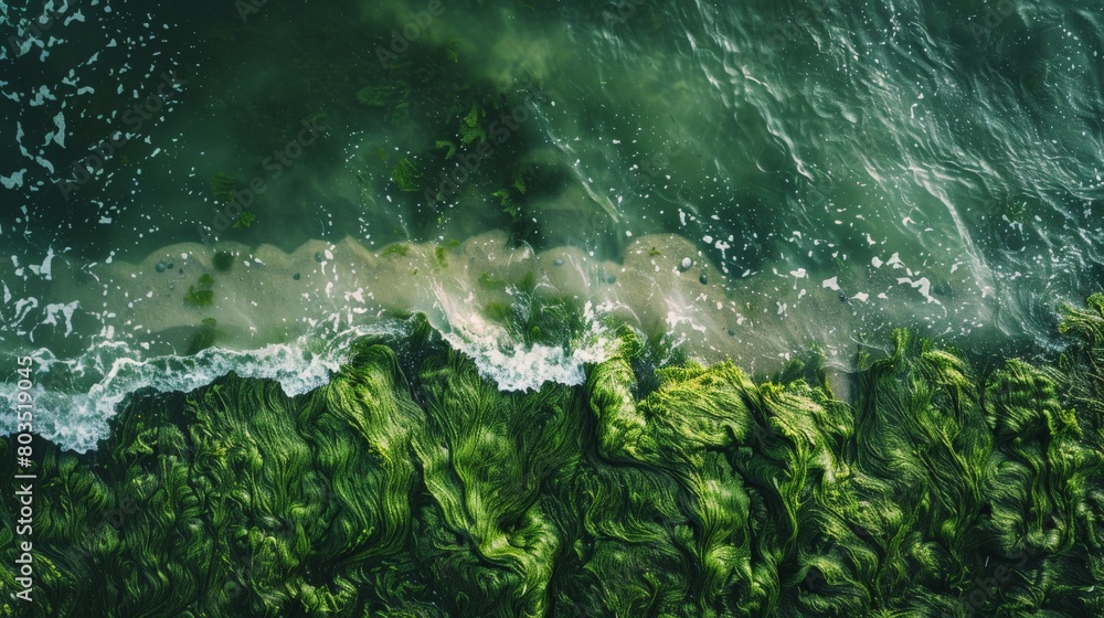 Fototapeta premium Coastal Beauty: Aerial Photography of Green Algae on a Beach