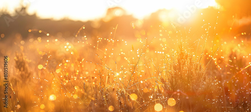 Early morning dew on scrubland vegetation, with the sun rising in the background, casting golden light over the landscape photo
