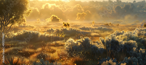 Early morning dew on scrubland vegetation, with the sun rising in the background, casting golden light over the landscape photo