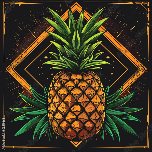 Pineapple tropical fruit vector illustration on black grunge background.