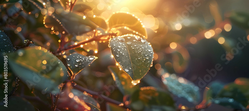 Early morning dew on the leaves of chaparral plants, with the sun just rising in the background, highlighting the intricate details and textures, photographed using macro photography techniques