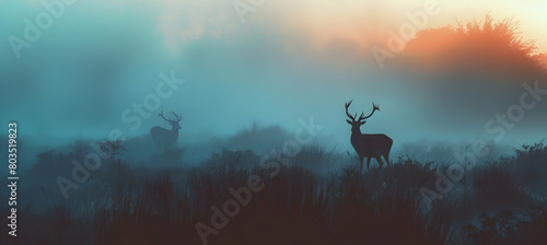 Early morning fog settling over a grassland, with the silhouette of grazing deer barely visible through the mist photo