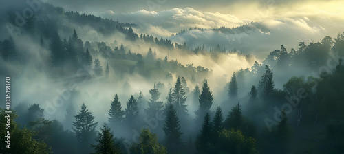 Early morning fog blanketing a valley, with just the tips of ancient, towering trees poking through the mist photo