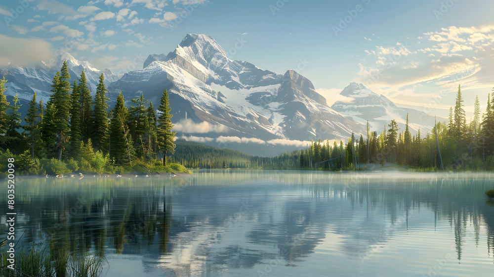 Early morning light gently illuminates a snow-capped mountain range, with a crystal-clear lake in the foreground reflecting the majestic peaks