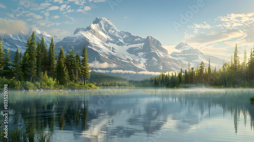 Early morning light gently illuminates a snow-capped mountain range  with a crystal-clear lake in the foreground reflecting the majestic peaks