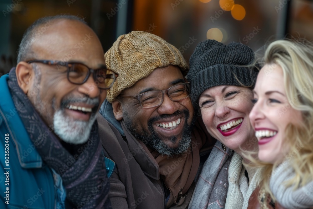 Group of diverse friends laughing and having fun together in the city. Group of diverse friends laughing and having fun together in the city.