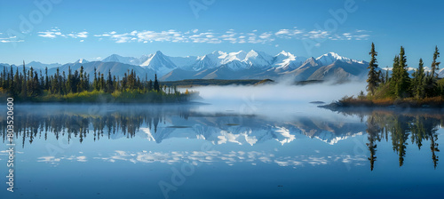 Early morning mist rising off a tranquil tundra lake  with reflections of nearby snow-capped mountains in the calm water