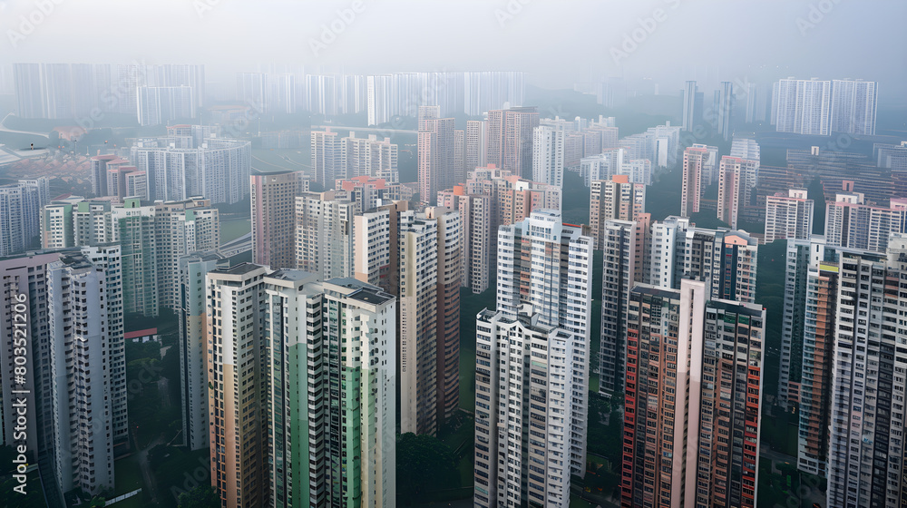Aerial Panorama of Dense Public Apartments in Singapore: Insight into Housing Market