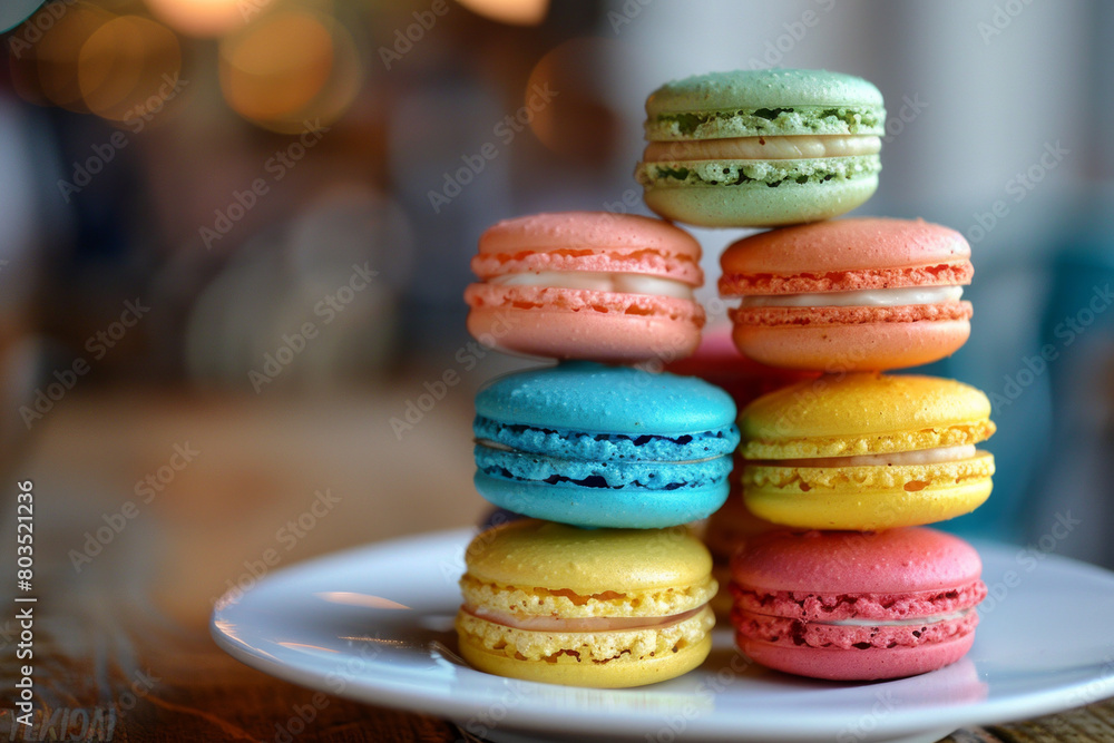 Stack of colorful macarons on a plate Stack of colorful macarons on a plate