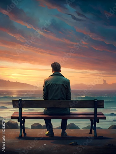 a man sits on a bench in front of a sunset.