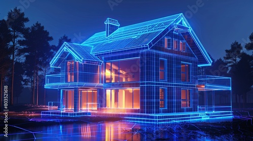 A glowing blue and pink wireframe model of a house.