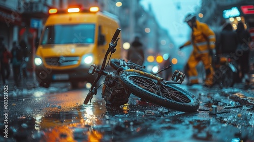 Fallen bicycle on rainy city street with emergency response photo