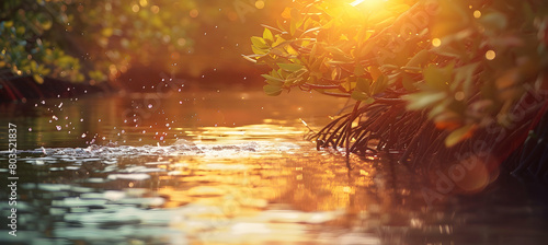 Golden hour lighting casting warm hues over a peaceful mangrove creek, highlighting the gentle movement of water and the occasional fish jumping photo