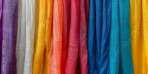 Vibrant array of colorful silk fabrics hanging in gradient formation from light to dark, reflecting cultural richness and textile variety. © BrightWhite