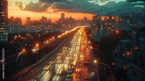 Evening cityscape with dynamic traffic and city lights