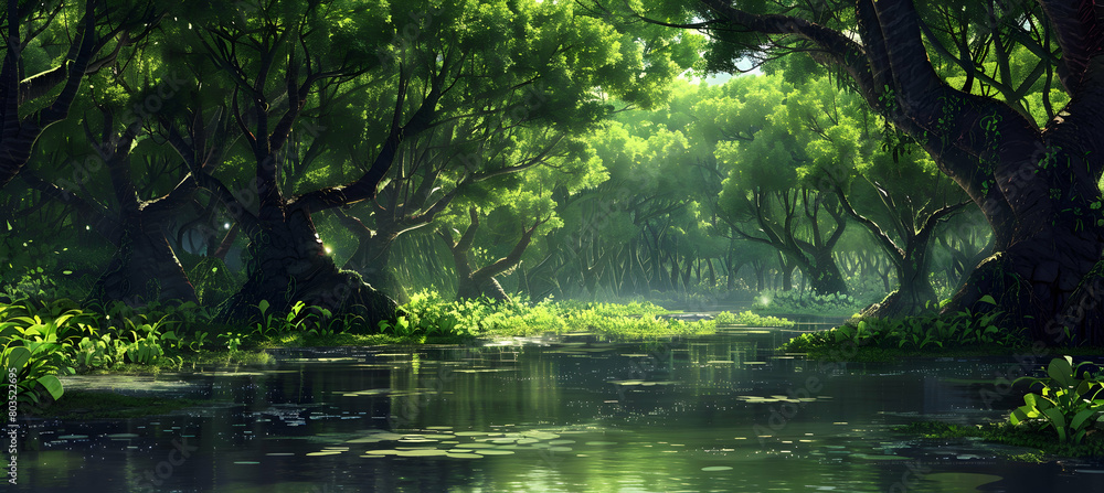 Lush mangrove forest under the bright midday sun, with the light filtering through dense leaves and casting shadows on the water pathways below Lush mangrove forest under the bright midday sun, with the light filtering through dense leaves and casting shadows on the water pathways below