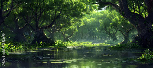 Lush mangrove forest under the bright midday sun  with the light filtering through dense leaves and casting shadows on the water pathways below