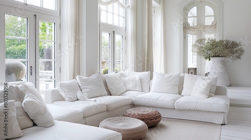 This is a living room with two large windows, a couch, a chair, and a coffee table. The room is decorated in white and cream colors and has a bright and airy feel.   © Awais
