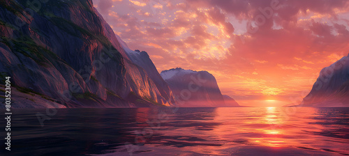 Majestic sunset over a fjord, with vibrant orange and pink skies illuminating the steep rock faces and calm waters