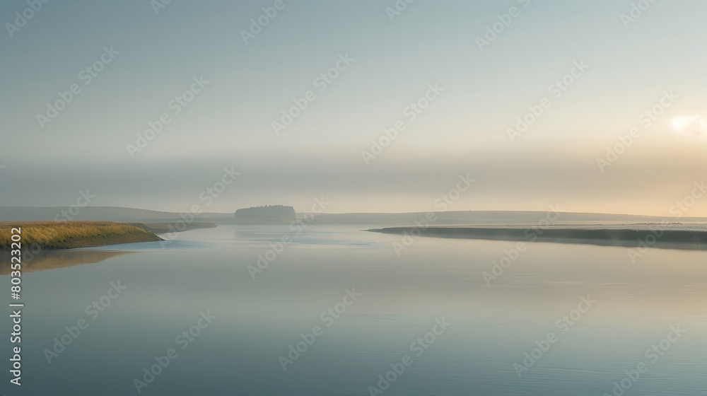 Misty morning at a river estuary, with fog hovering over calm waters and distant hills partially visible