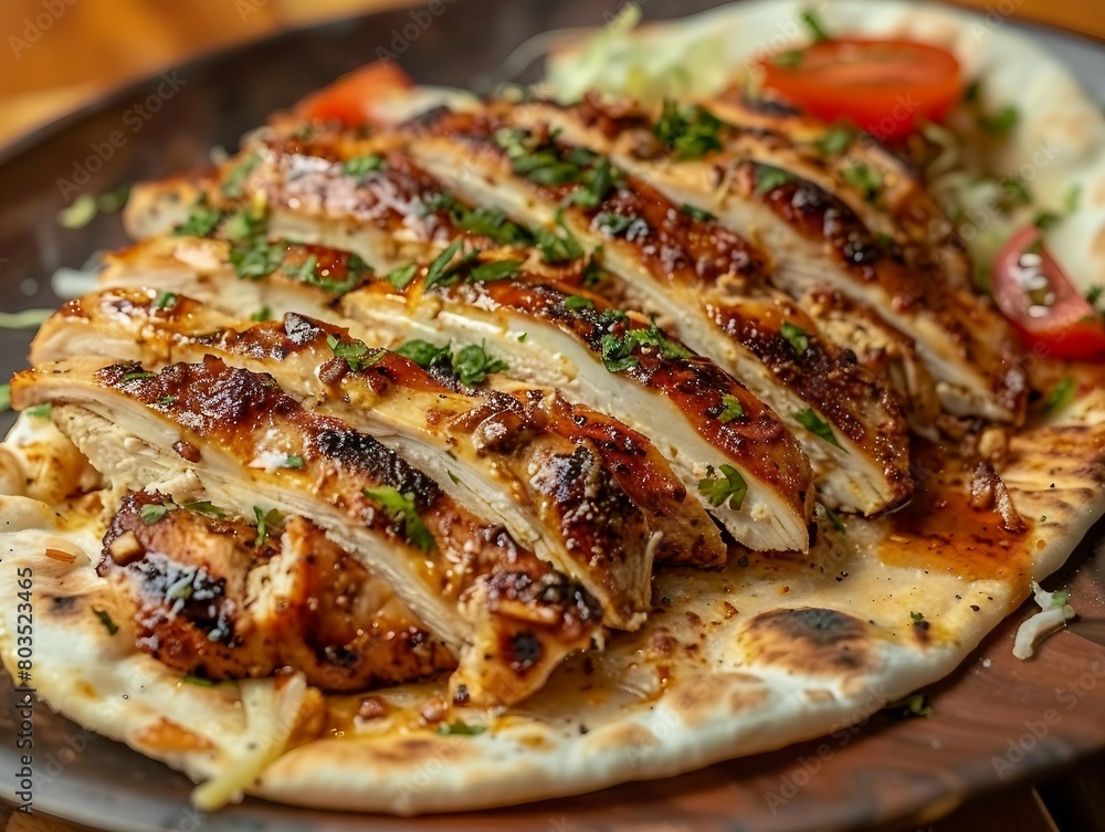 A close-up image of sliced grilled chicken breast served on a piece of flatbread, garnished with herbs and vegetables. A close-up image of sliced grilled chicken breast served on a piece of flatbread, garnished with herbs and vegetables.