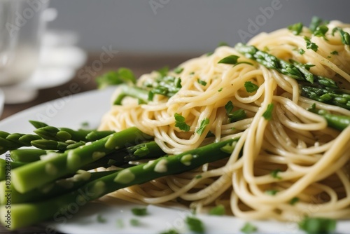 'spaghetti fresh green asparagus basil boiled carbohydrate cheese closeup cooked cooking cookery delicious design dough food garnish health herb image italian italy meal mediterranean menu new noodle'