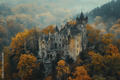 Aerial shot of a medieval castle surrounded by autumn forests, capturing historical grandeur and natural beauty, ideal for travel documentaries, historical fiction settings.