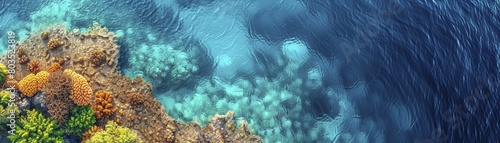 Aerial view of a coral reef teeming with marine life  showcasing vibrant colors and textures  perfect for marine biology textbooks  environmental documentaries  and travel marketing.