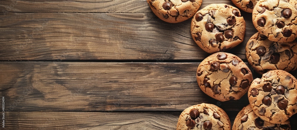 An arrangement of cookies featuring chocolate chips on a wooden table, with room for text. An arrangement of cookies featuring chocolate chips on a wooden table, with room for text.