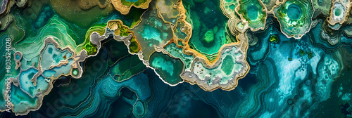 Overhead shot of a series of interconnected tide pools, with a gradient of blue to green water, teeming with life photo