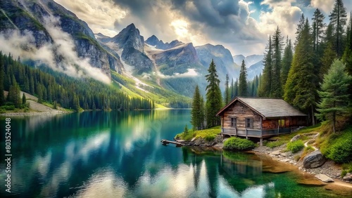 a cabin is surrounded by mountains and trees.