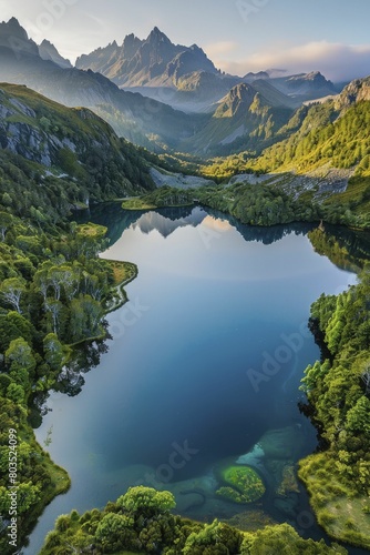 Capture the tranquil beauty of a mountain-enveloped lake at sunrise for your wellness retreat promotions, photography workshops, or travel memoirs.